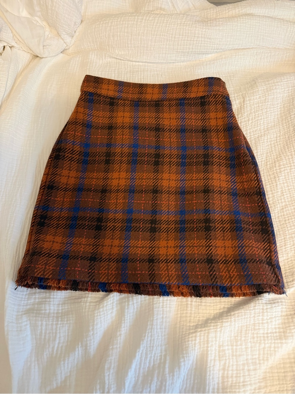 Ann Taylor Plaid Mini Skirt in Rust, Black and Blue